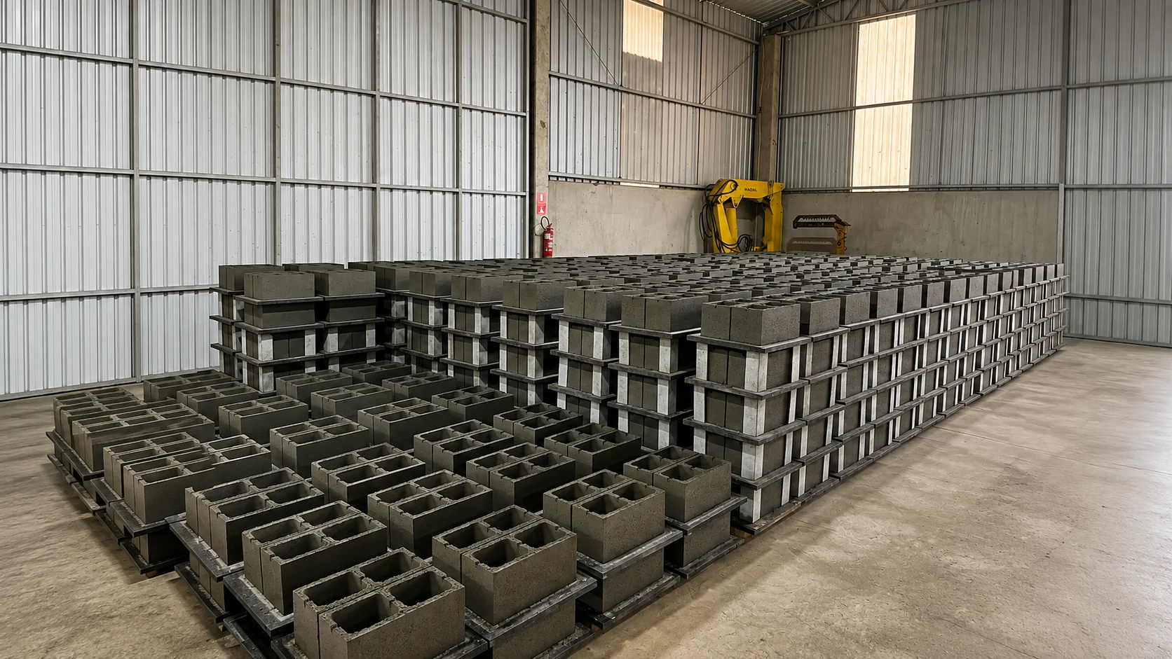 Blocos de concreto organizados no galpão da JGS